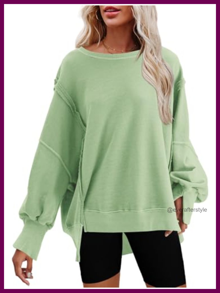 Oversized Crewneck Sweatshirt Side Slit Long Sleeve Slouchy Pullover Soft
